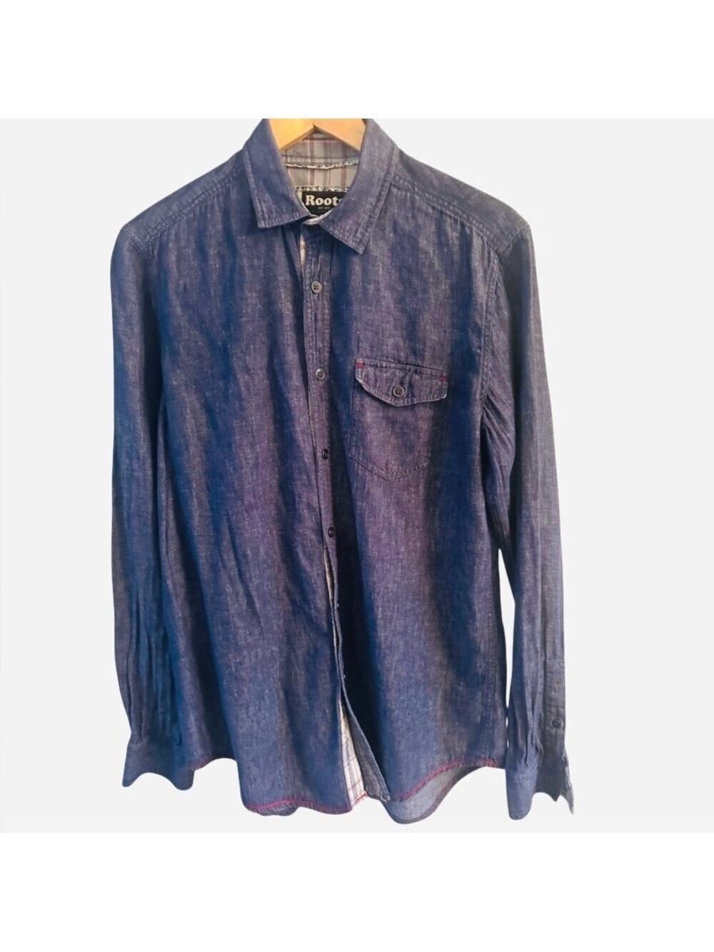 ROOTS LIGHTWEIGHT DENIM LONG SLEEVE WESTERN SHIRT WOMENS SZ LARGE